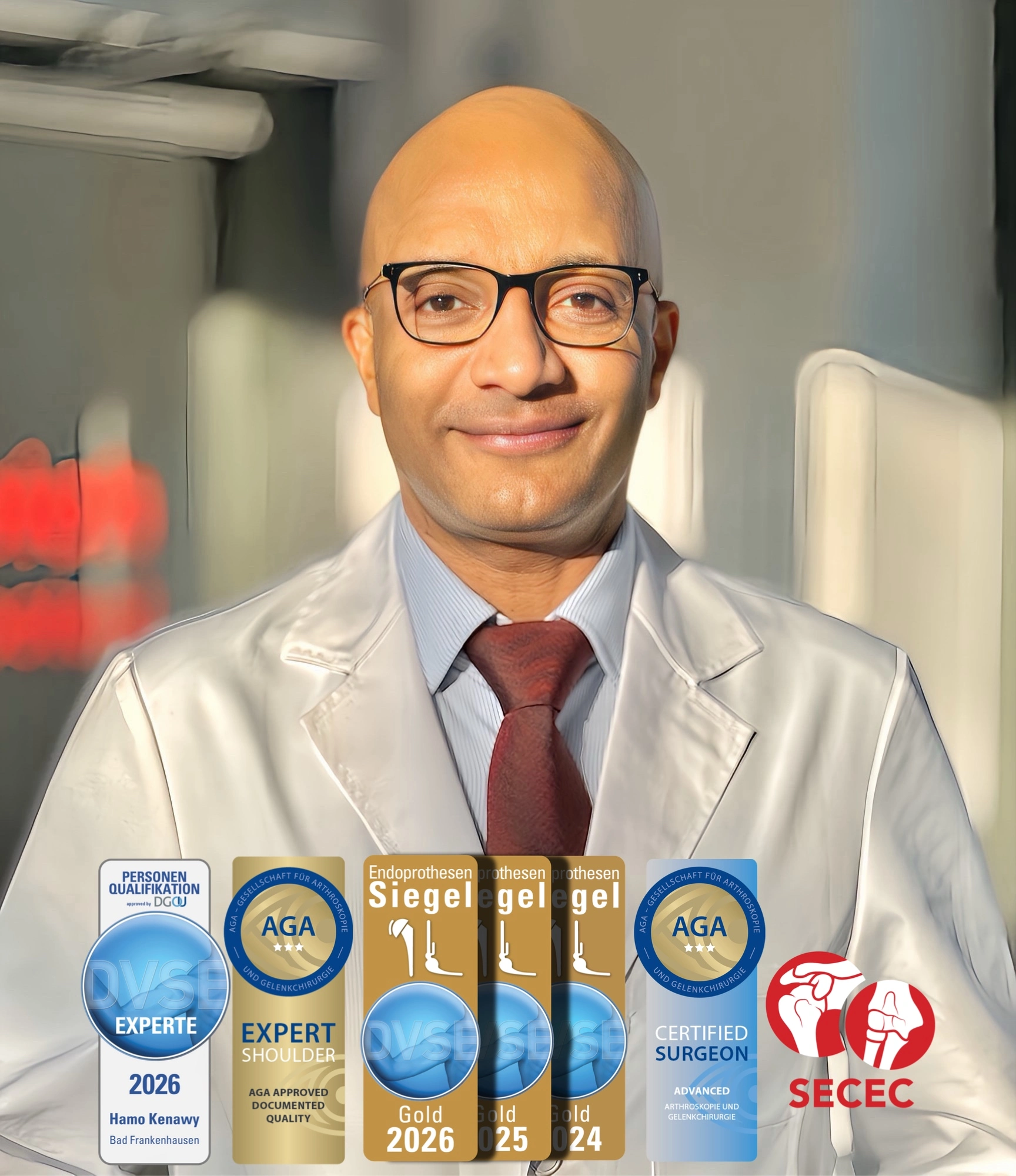 Hamo Kenawy shoulder replacement surgeon in Dubai with international certifications DVSE Gold and AGA expert shoulder