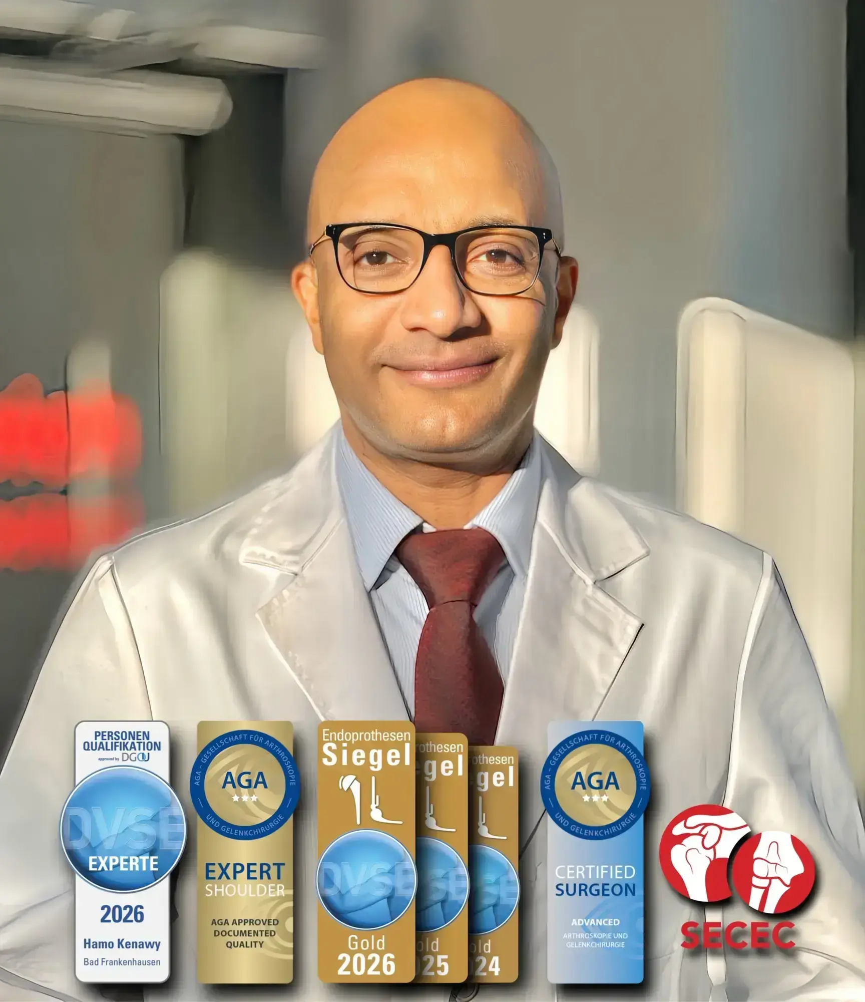 Hamo Kenawy shoulder replacement surgeon in Dubai with international certifications DVSE Gold and AGA expert shoulder